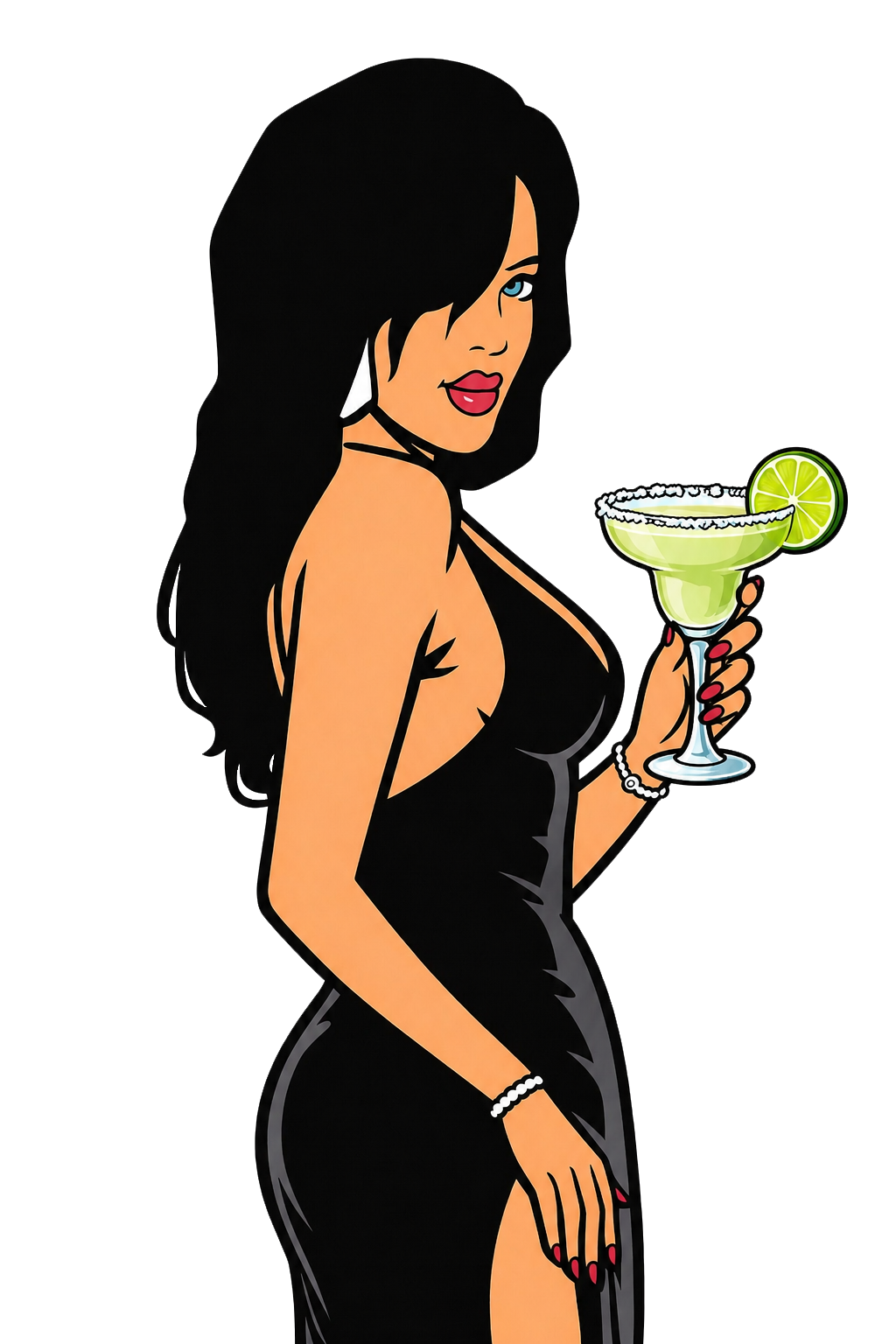 Ilustración de una mujer con vestido negro y un cóctel